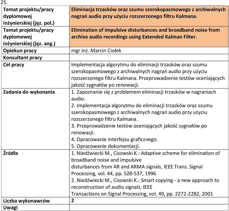 Marcin Ciołek Implementacja algorytmu do eliminacji trzasków oraz szumu szerokopasmowego z archiwalnych nagrań audio przy użyciu rozszerzonego filtru Kalmana.