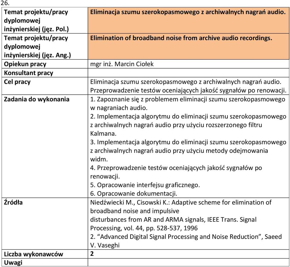 Zapoznanie się z problemem eliminacji szumu szerokopasmowego w nagraniach audio. 2.