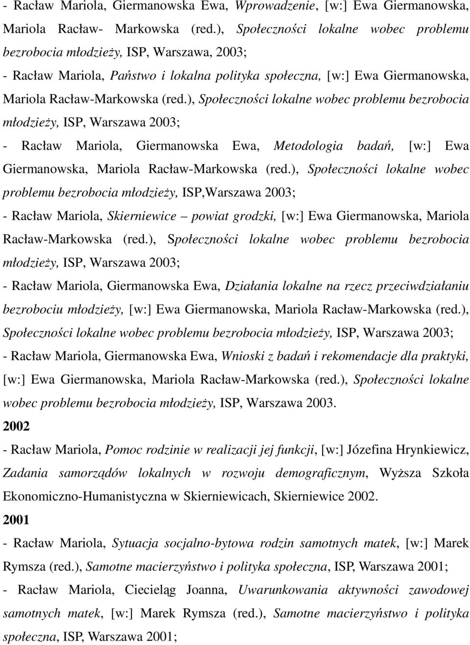), Społeczności lokalne wobec problemu bezrobocia młodzieży, ISP, Warszawa 2003; - Racław Mariola, Giermanowska Ewa, Metodologia badań, [w:] Ewa Giermanowska, Mariola Racław-Markowska (red.