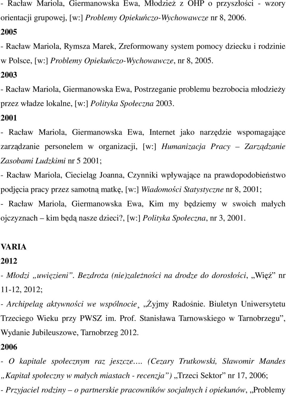 2003 - Racław Mariola, Giermanowska Ewa, Postrzeganie problemu bezrobocia młodzieży przez władze lokalne, [w:] Polityka Społeczna 2003.