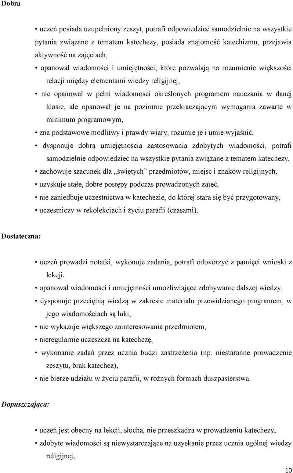 opanował je na poziomie przekraczającym wymagania zawarte w minimum programowym, zna podstawowe modlitwy i prawdy wiary, rozumie je i umie wyjaśnić, dysponuje dobrą umiejętnością zastosowania