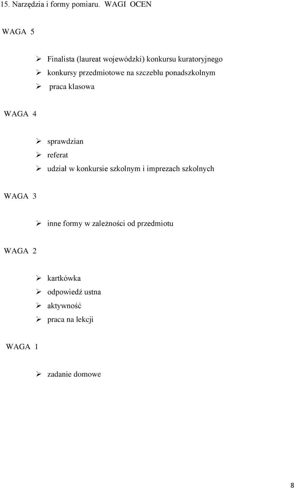 przedmiotowe na szczeblu ponadszkolnym praca klasowa WAGA 4 sprawdzian referat udział w