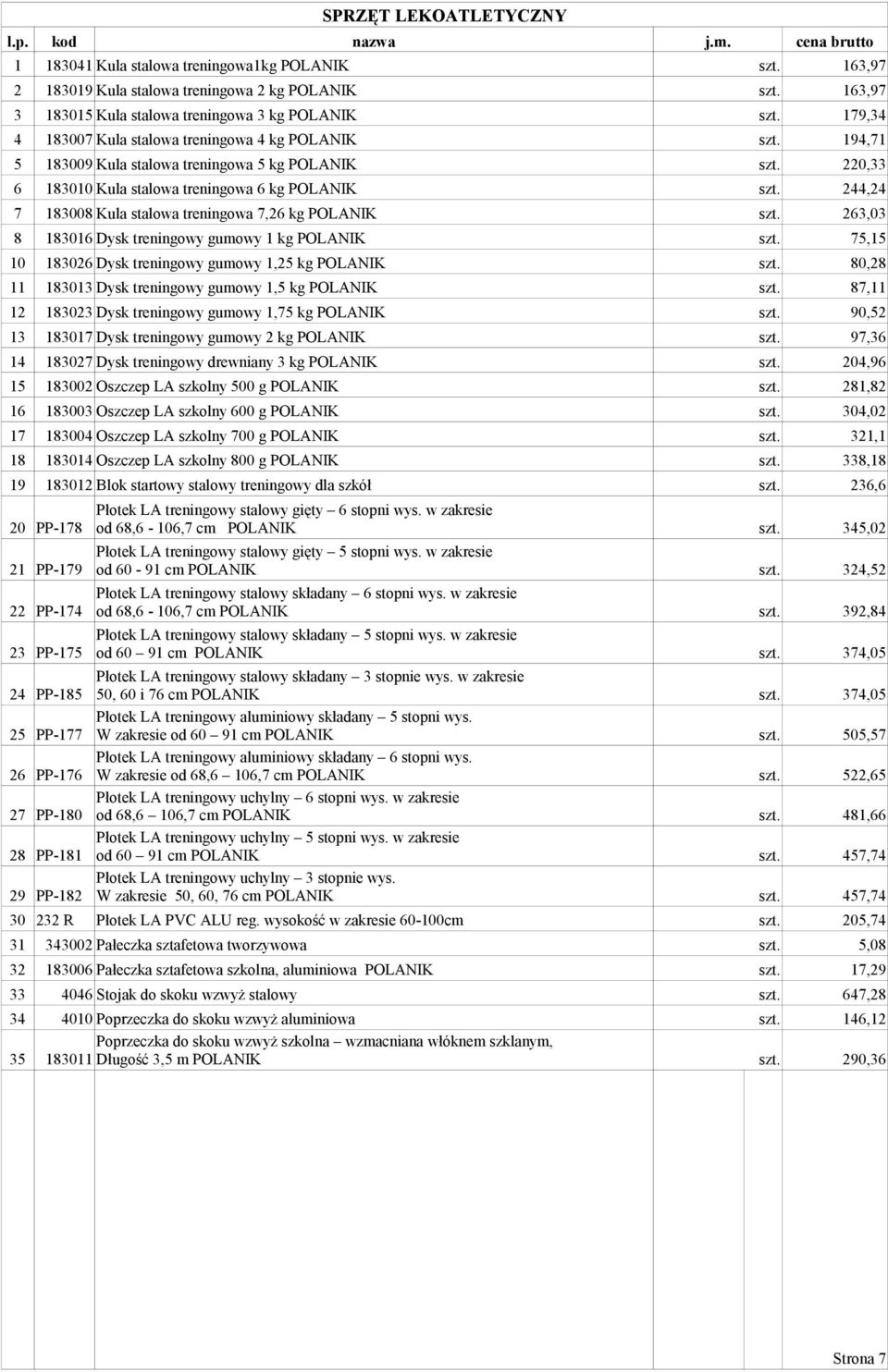 220,33 6 183010 Kula stalowa treningowa 6 kg POLANIK szt. 244,24 7 183008 Kula stalowa treningowa 7,26 kg POLANIK szt. 263,03 8 183016 Dysk treningowy gumowy 1 kg POLANIK szt.