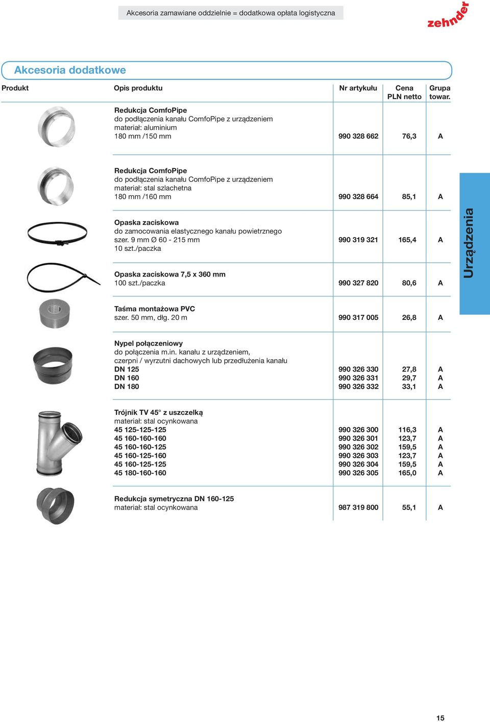 /paczka Opaska zaciskowa 7,5 x 360 mm 100 szt./paczka 990 327 820 80,6 A Urządzenia Taśma montażowa PVC szer. 50 mm, dłg. 20 m 990 317 005 26,8 A Nypel połączeniowy do połączenia m.in.