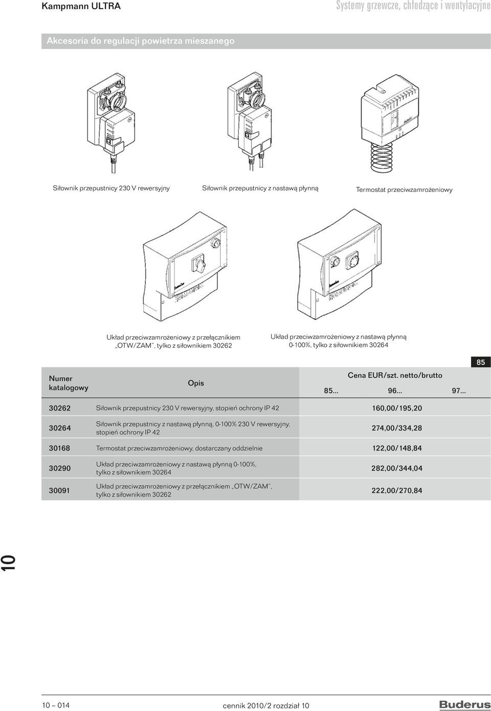 netto/brutto 96 97 30262 Siłownik przepustnicy 230 V rewersyjny, stopień ochrony IP 42 160,00/195,20 30264 Siłownik przepustnicy z nastawą płynną, 0-0% 230 V rewersyjny, stopień ochrony IP 42