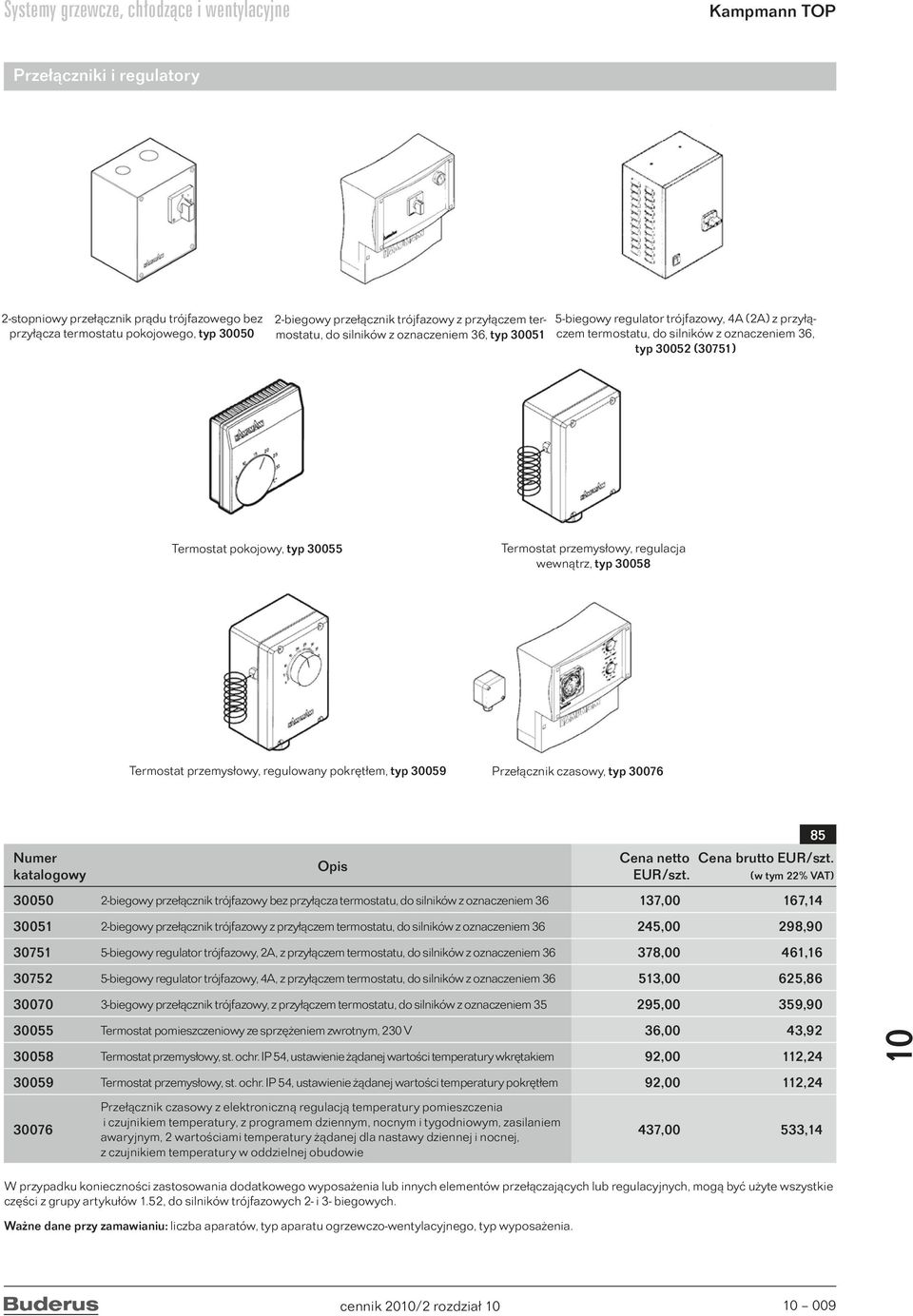pokojowy, typ 30055 Termostat przemysłowy, regulacja wewnątrz, typ 30058 Termostat przemysłowy, regulowany pokrętłem, typ 30059 Przełącznik czasowy, typ 30076 katalogowy Cena netto Cena brutto (w tym