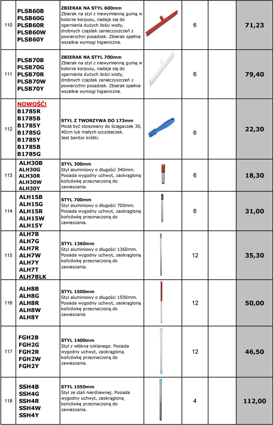 71,23 111 PLSB70B PLSB70G PLSB70R PLSB70W PLSB70Y ZBIERAK NA STYL 700mm Zbierak na styl z niewymienną gumą w kolorze korpusu, nadaje się do zgarniania dużych ilości wody, drobnych cząstek