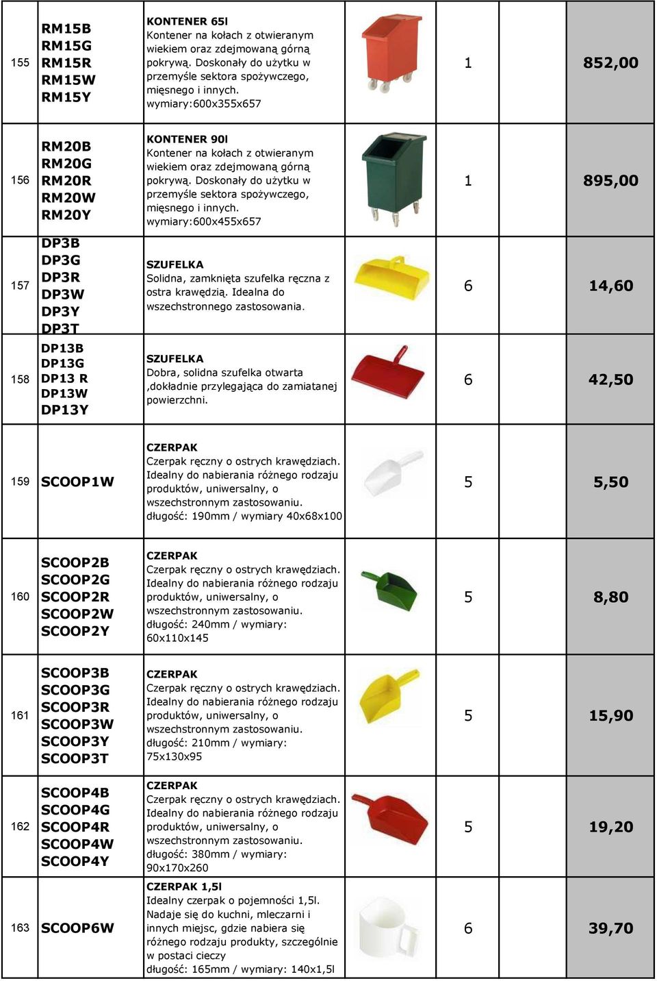 Doskonały do użytku w przemyśle sektora spożywczego, mięsnego i innych. wymiary:00x55x57 1 895,00 157 DP3B DP3G DP3R DP3W DP3Y DP3T SZUFELKA Solidna, zamknięta szufelka ręczna z ostra krawędzią.