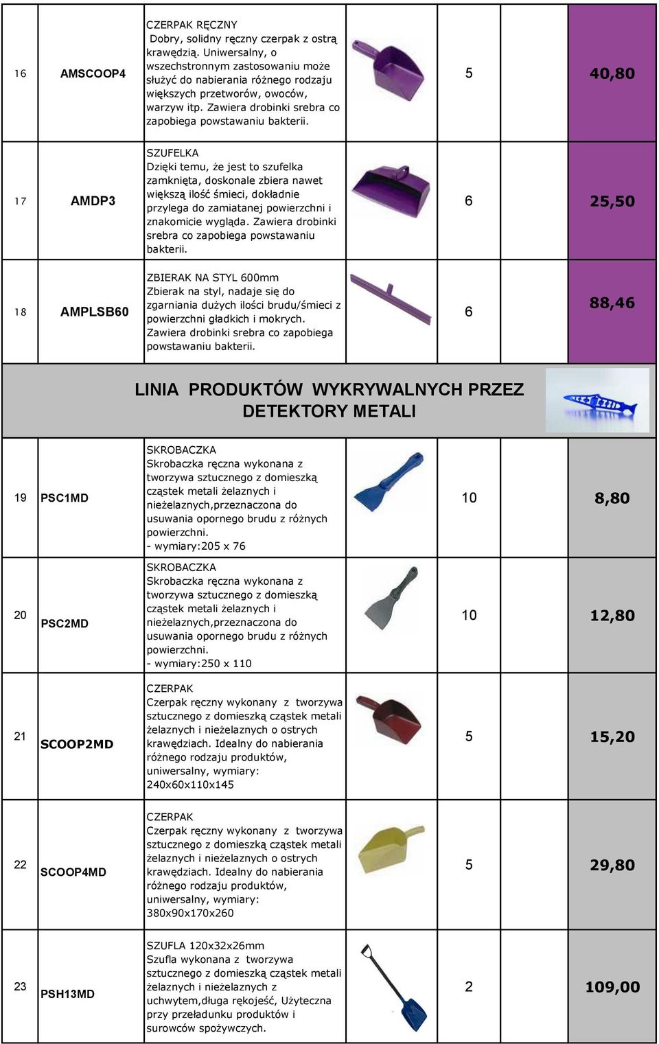 5 0,80 17 AMDP3 SZUFELKA Dzięki temu, że jest to szufelka zamknięta, doskonale zbiera nawet większą ilość śmieci, dokładnie przylega do zamiatanej powierzchni i znakomicie wygląda.