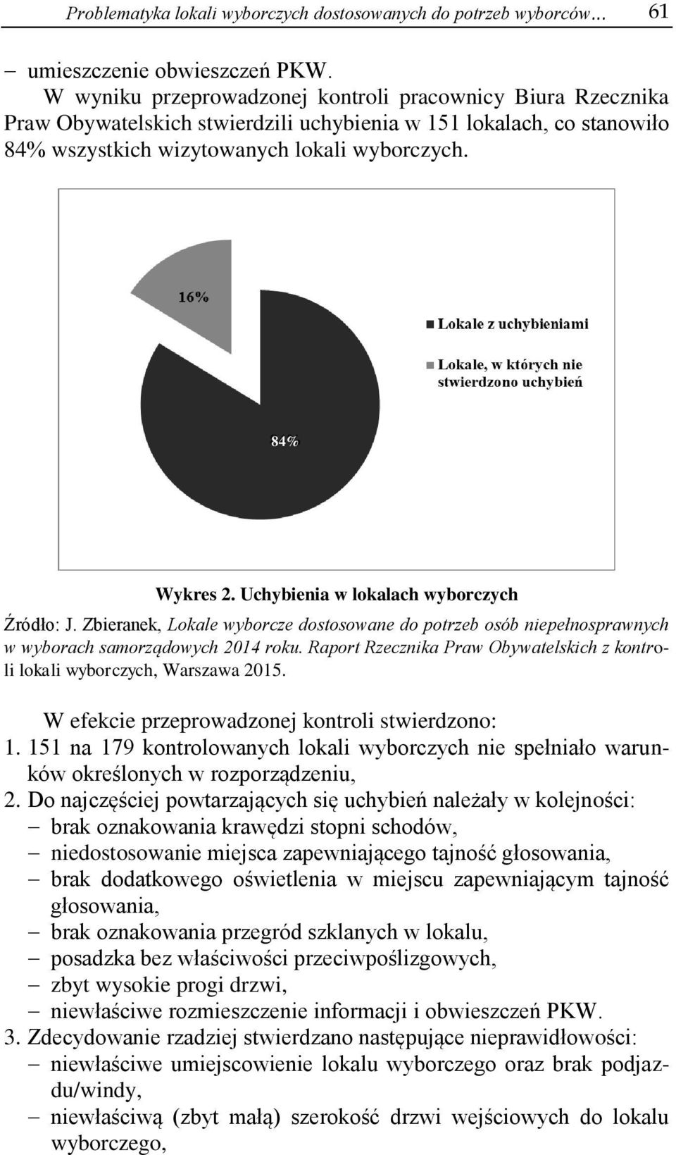 Uchybienia w lokalach wyborczych Źródło: J. Zbieranek, Lokale wyborcze dostosowane do potrzeb osób niepełnosprawnych w wyborach samorządowych 2014 roku.