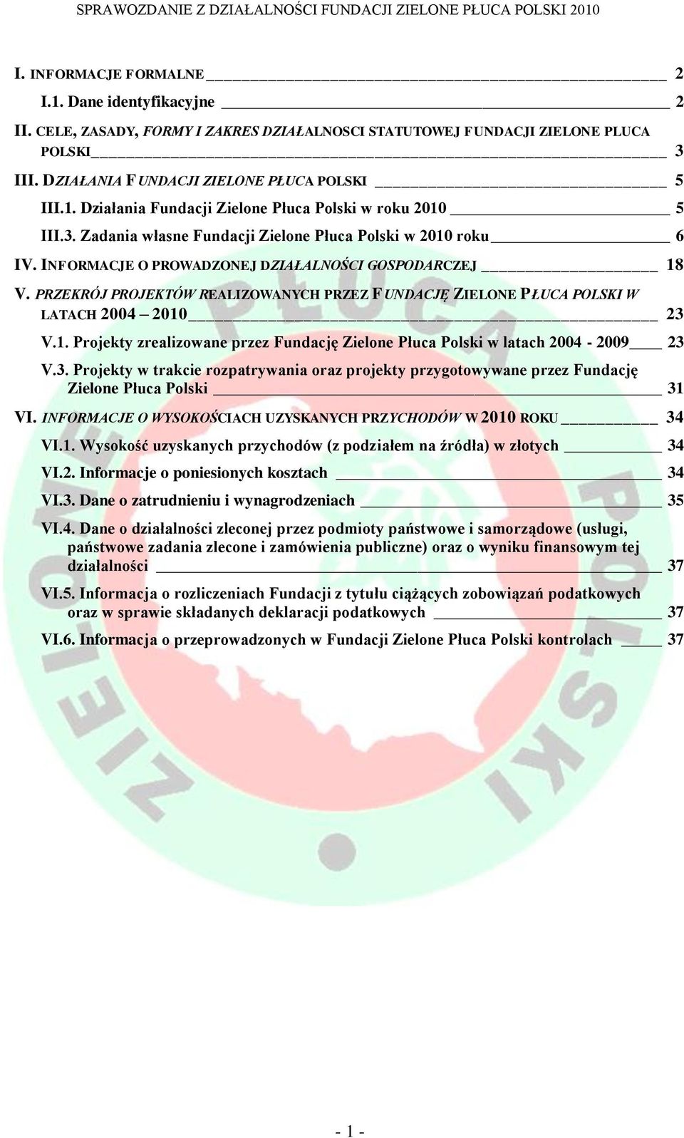 PRZEKRÓJ PROJEKTÓW REALIZOWANYCH PRZEZ FUNDACJĘ ZIELONE PŁUCA POLSKI W LATACH 2004 2010 23 V.1. Projekty zrealizowane przez Fundację Zielone Płuca Polski w latach 2004-2009 23 V.3. Projekty w trakcie rozpatrywania oraz projekty przygotowywane przez Fundację Zielone Płuca Polski 31 VI.