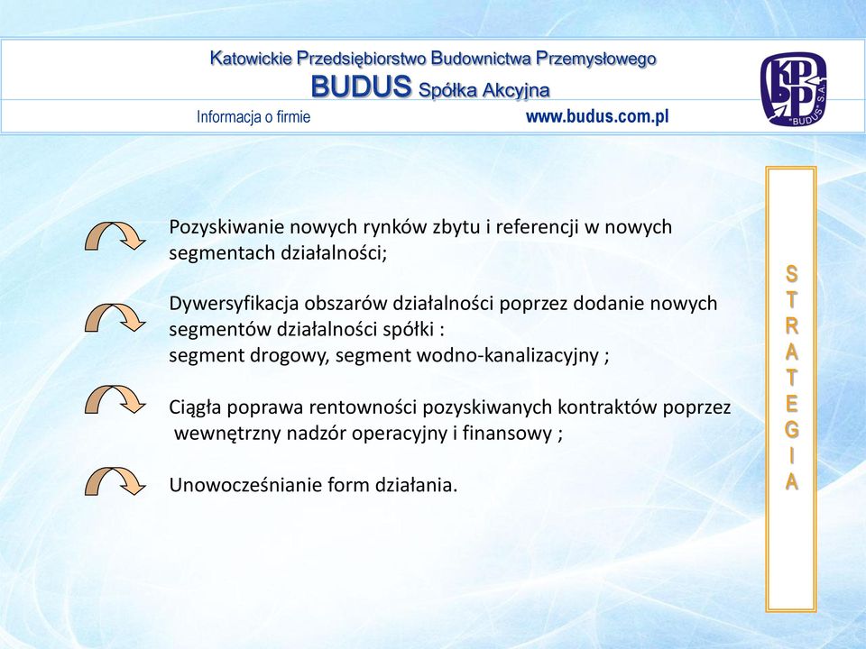 działalności spółki : segment drogowy, segment wodno-kanalizacyjny ; iągła poprawa rentowności