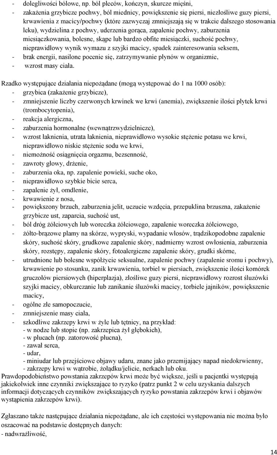 trakcie dalszego stosowania leku), wydzielina z pochwy, uderzenia gorąca, zapalenie pochwy, zaburzenia miesiączkowania, bolesne, skąpe lub bardzo obfite miesiączki, suchość pochwy, nieprawidłowy