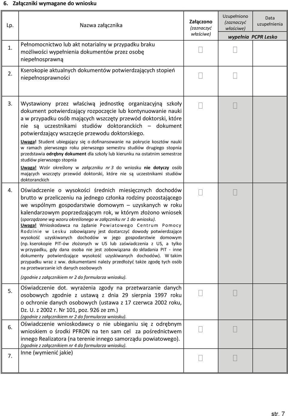 Kserokopie aktualnych dokumentów potwierdzających stopień niepełnosprawności Data uzupełnienia wypełnia PCPR Lesko 3.