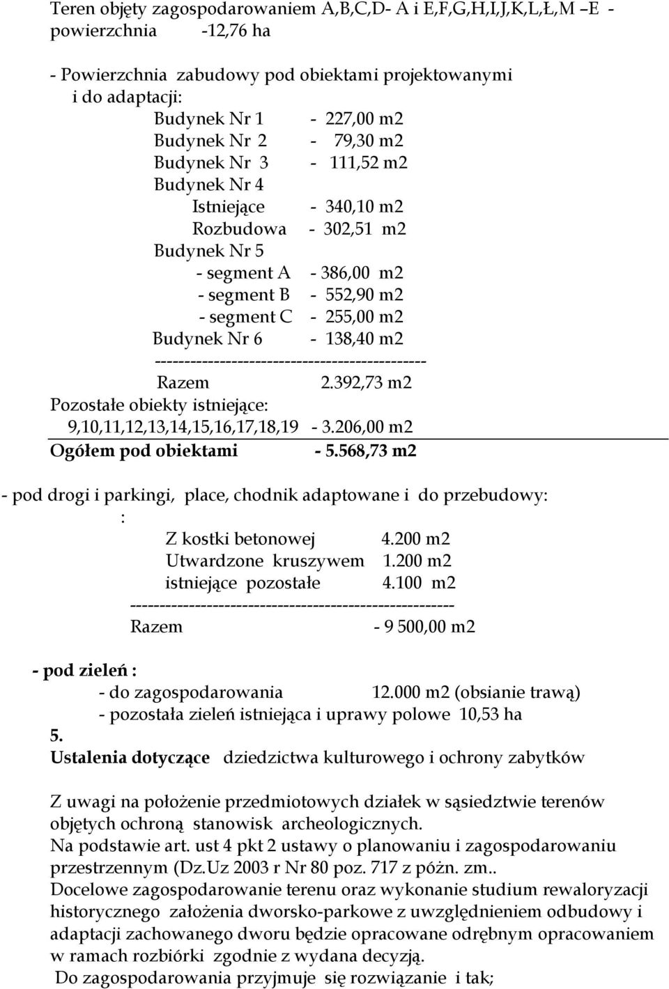 ---------------------------------------------- Razem 2.392,73 m2 Pozostałe obiekty istniejące: 9,10,11,12,13,14,15,16,17,18,19-3.206,00 m2 Ogółem pod obiektami - 5.