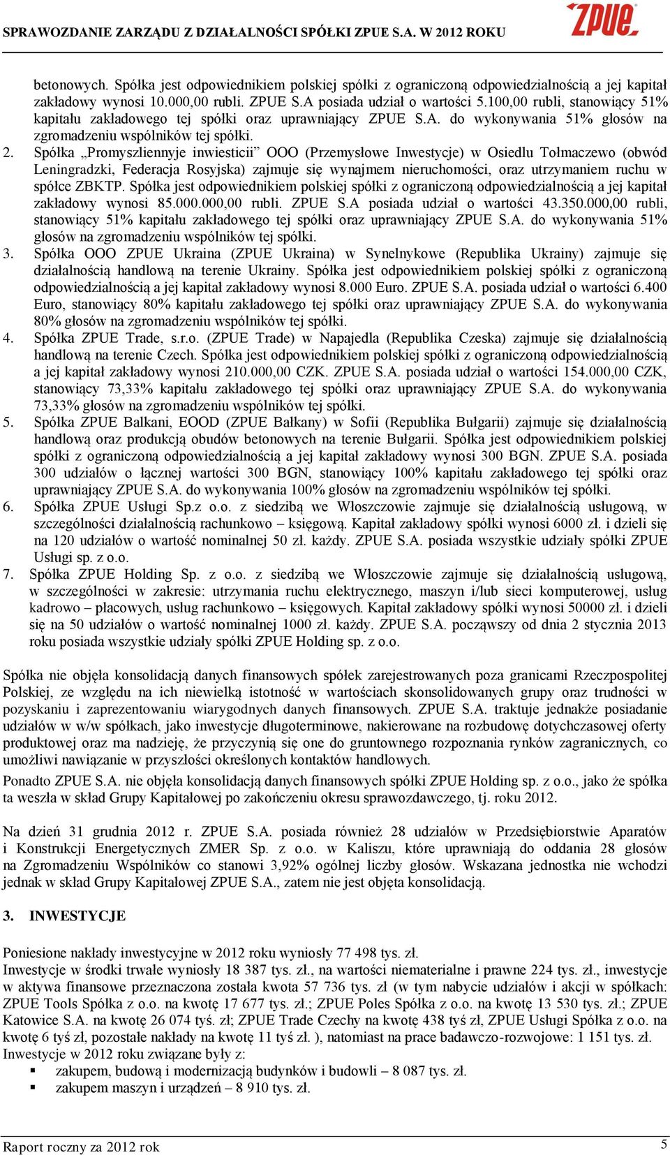 Spółka Promyszliennyje inwiesticii OOO (Przemysłowe Inwestycje) w Osiedlu Tołmaczewo (obwód Leningradzki, Federacja Rosyjska) zajmuje się wynajmem nieruchomości, oraz utrzymaniem ruchu w spółce ZBKTP.