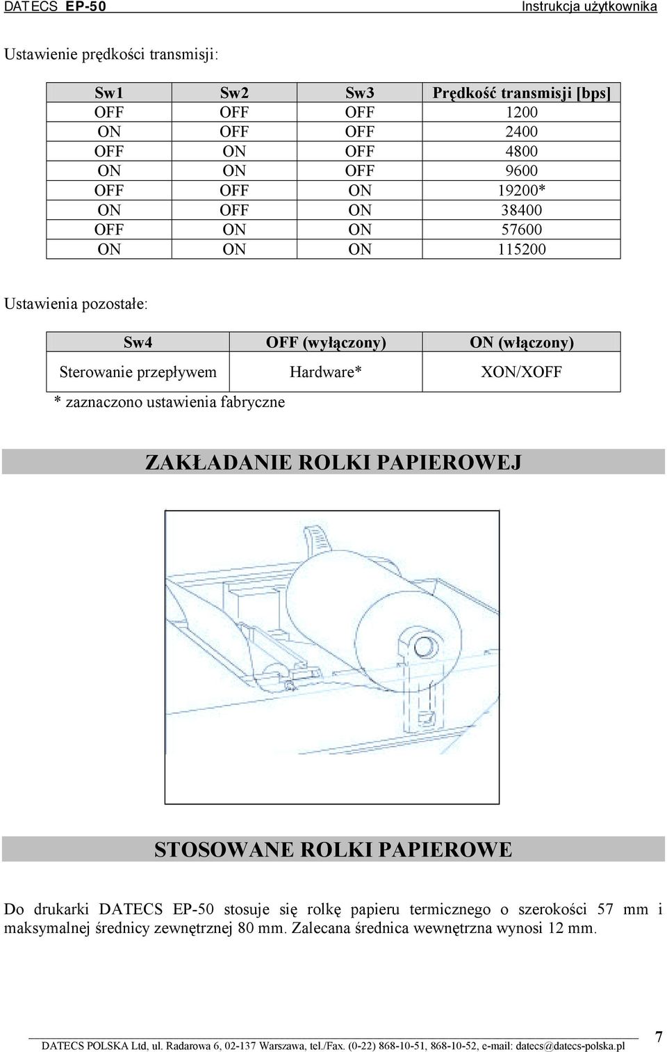 Hardware* XON/XOFF * zaznaczono ustawienia fabryczne ZAKŁADANIE ROLKI PAPIEROWEJ rolka STOSOWANE ROLKI PAPIEROWE Do drukarki DATECS EP-50