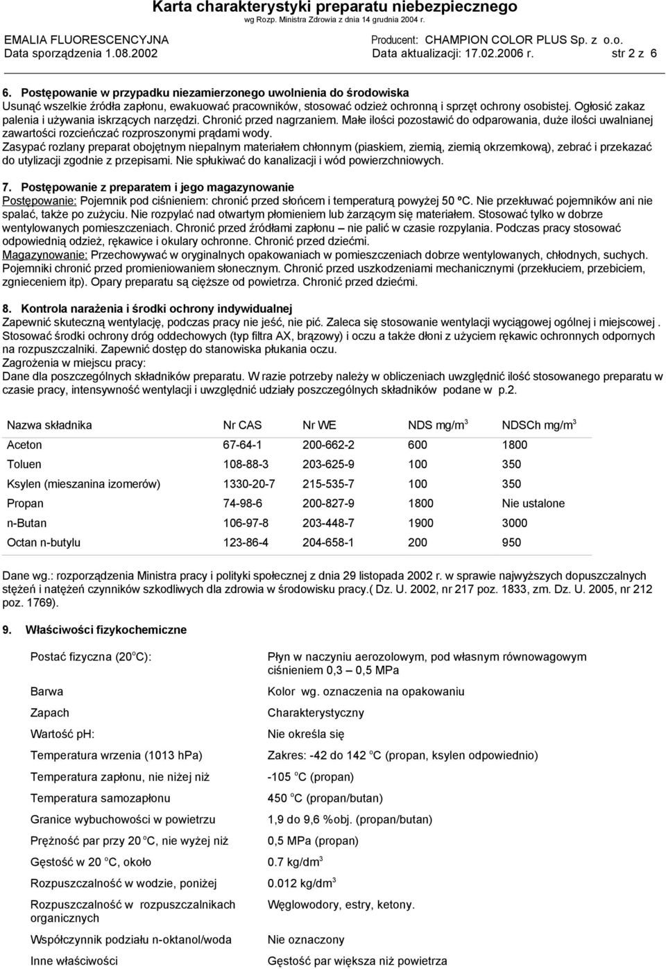 Ogłosić zakaz palenia i używania iskrzących narzędzi. Chronić przed nagrzaniem. Małe ilości pozostawić do odparowania, duże ilości uwalnianej zawartości rozcieńczać rozproszonymi prądami wody.