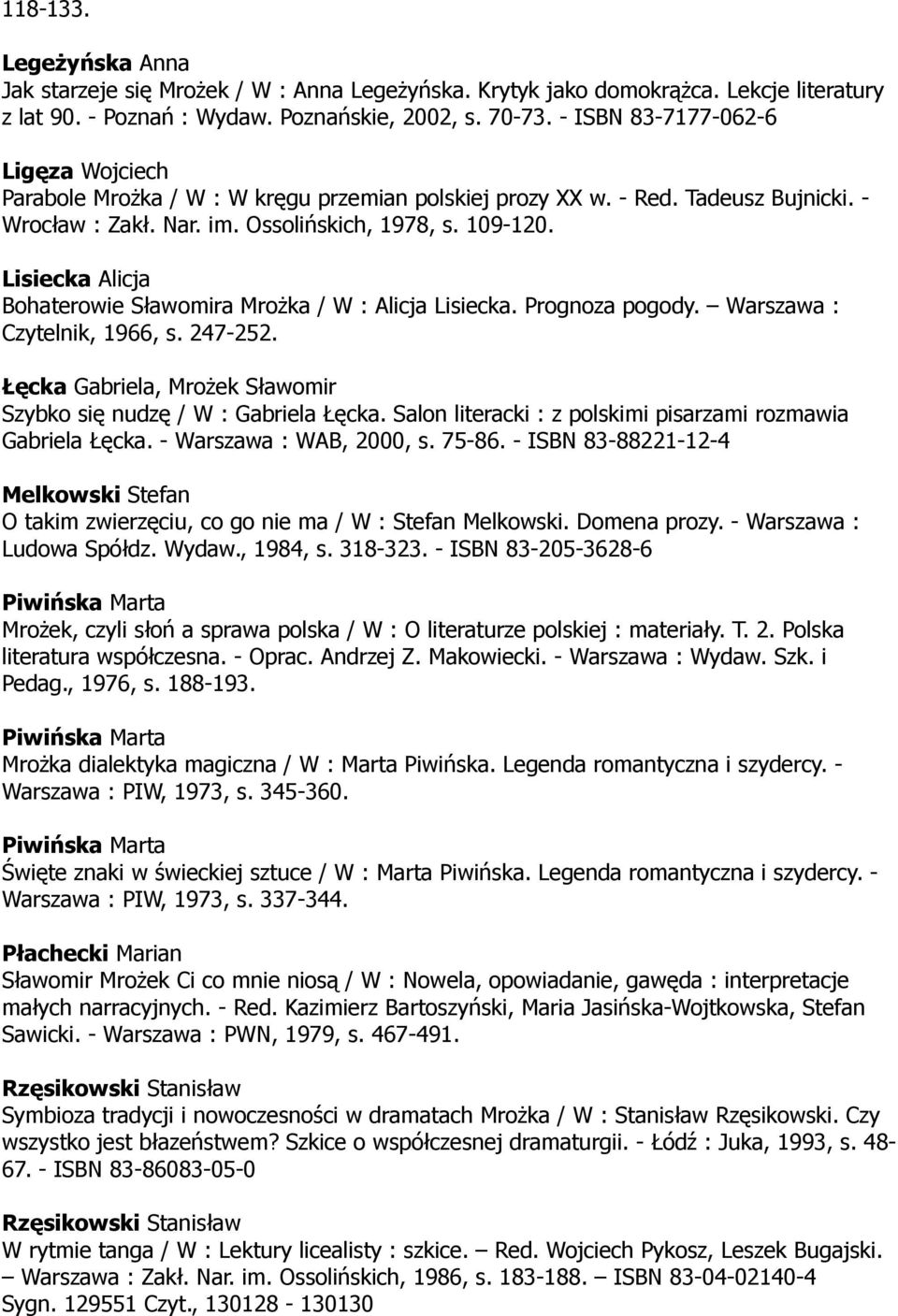 Lisiecka Alicja Bohaterowie Sławomira Mrożka / W : Alicja Lisiecka. Prognoza pogody. Warszawa : Czytelnik, 1966, s. 247-252. Łęcka Gabriela, Mrożek Sławomir Szybko się nudzę / W : Gabriela Łęcka.