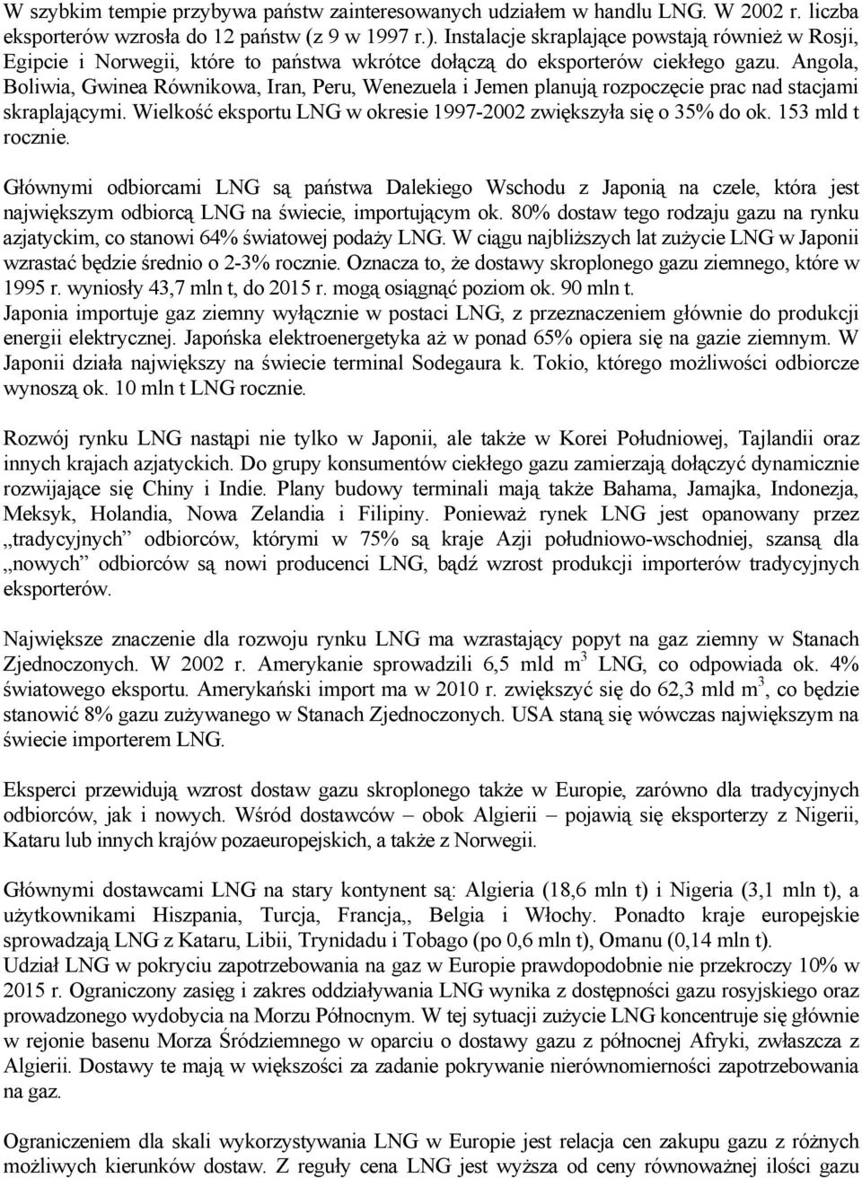 Angola, Boliwia, Gwinea Równikowa, Iran, Peru, Wenezuela i Jemen planują rozpoczęcie prac nad stacjami skraplającymi. Wielkość eksportu LNG w okresie 1997-2002 zwiększyła się o 35% do ok.