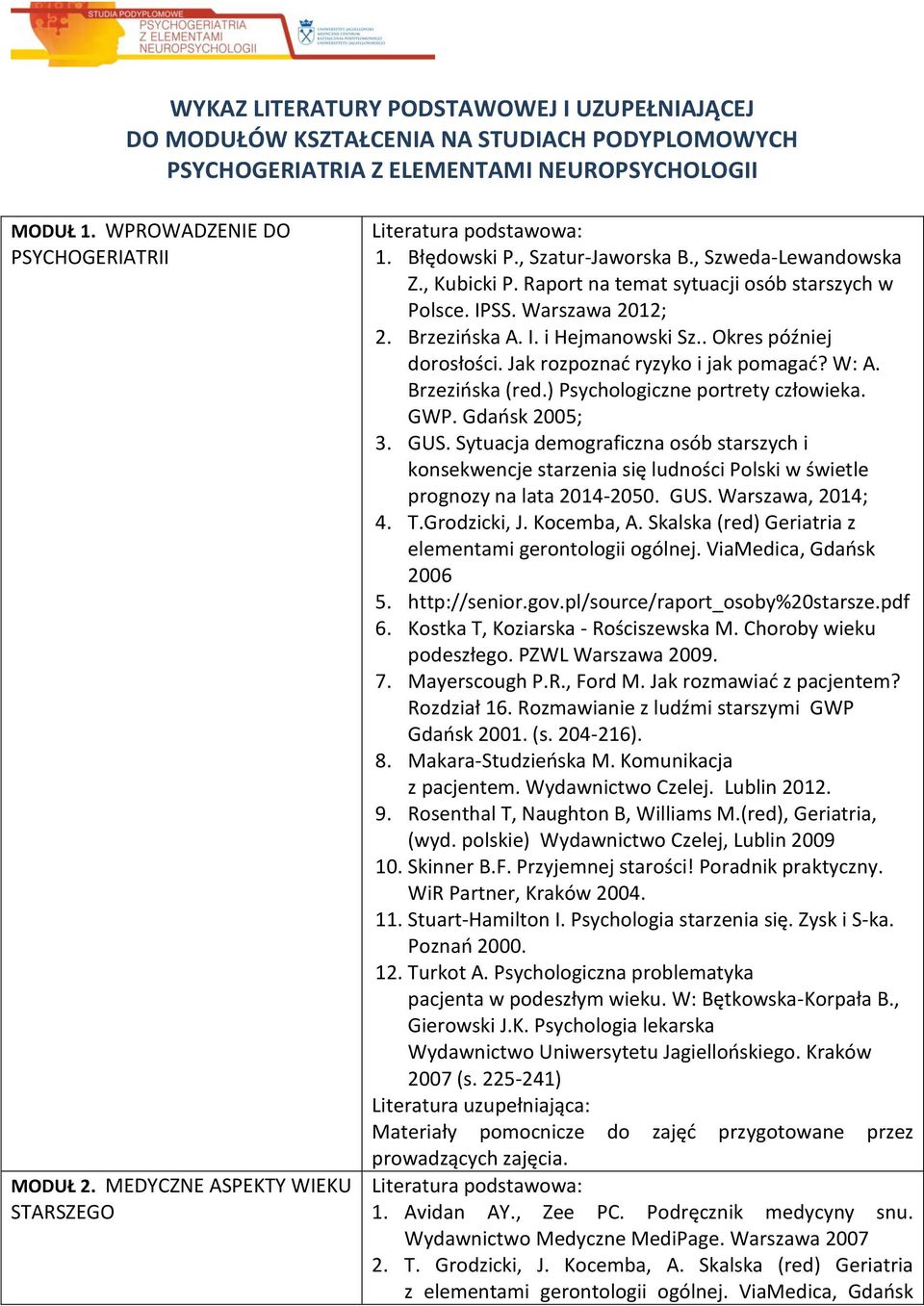 . Okres później dorosłości. Jak rozpoznać ryzyko i jak pomagać? W: A. Brzezińska (red.) Psychologiczne portrety człowieka. GWP. Gdańsk 2005; 3. GUS.