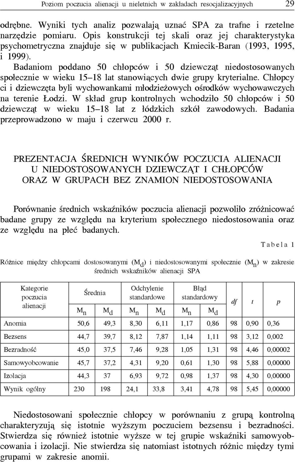 Badaniom poddano 50 chłopców i 50 dziewcząt niedostosowanych społecznie w wieku 15 18 lat stanowiących dwie grupy kryterialne.