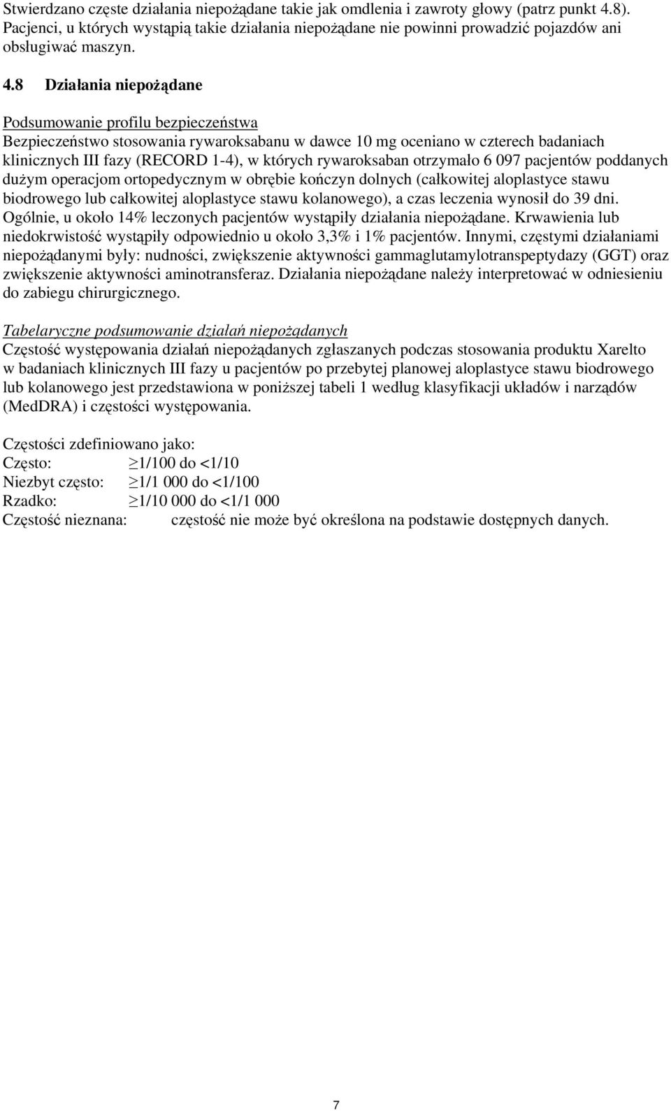 8 Działania niepożądane Podsumowanie profilu bezpieczeństwa Bezpieczeństwo stosowania rywaroksabanu w dawce 10 mg oceniano w czterech badaniach klinicznych III fazy (RECORD 1-4), w których