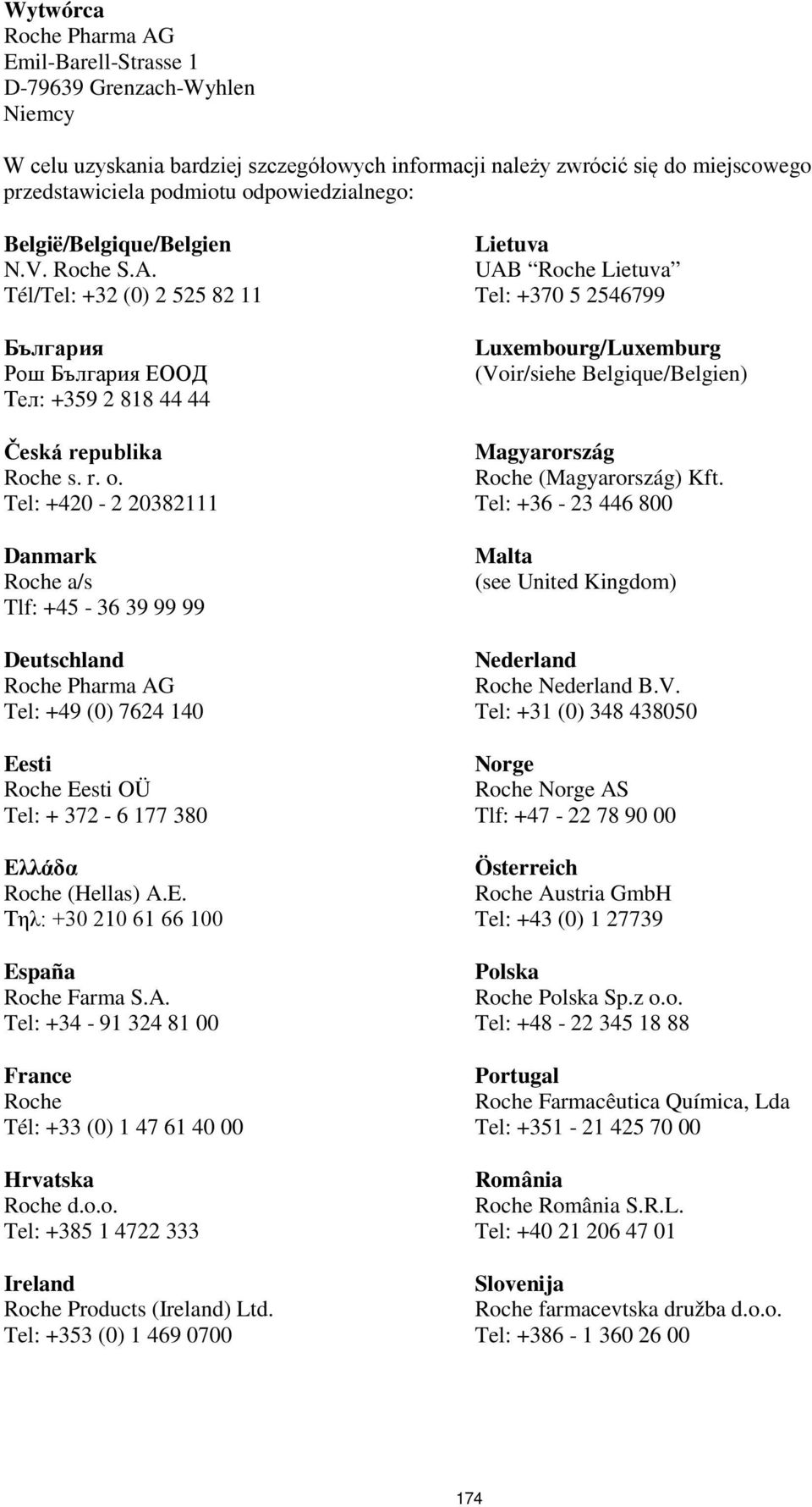 Tel: +420-2 20382111 Danmark Roche a/s Tlf: +45-36 39 99 99 Deutschland Roche Pharma AG Tel: +49 (0) 7624 140 Eesti Roche Eesti OÜ Tel: + 372-6 177 380 Ελλάδα Roche (Hellas) A.E. Τηλ: +30 210 61 66 100 España Roche Farma S.