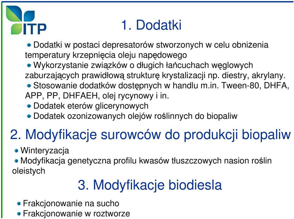 Tween-80, DHFA, APP, PP, DHFAEH, olej rycynowy i in. Dodatek eterów glicerynowych Dodatek ozonizowanych olejów roślinnych do biopaliw 2.