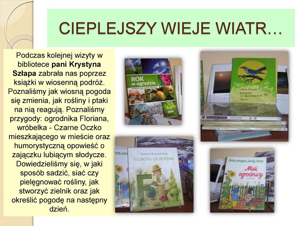 Poznaliśmy przygody: ogrodnika Floriana, wróbelka - Czarne Oczko mieszkającego w mieście oraz humorystyczną opowieść o