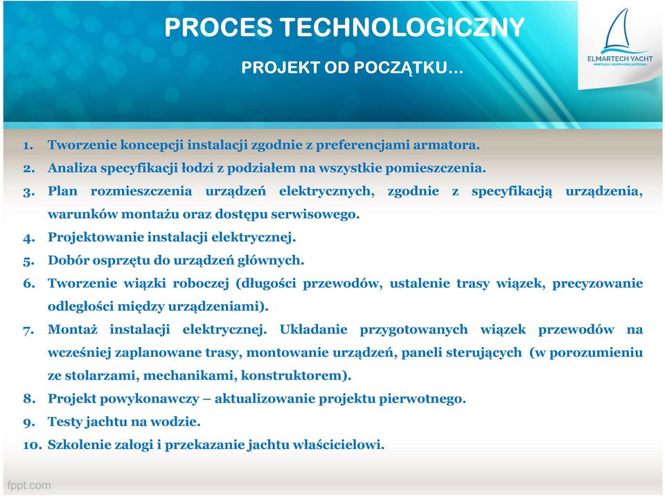 Dobór osprzętu do urządzeń głównych. 6. Tworzenie wiązki roboczej (długości przewodów, ustalenie trasy wiązek, precyzowanie odległości między urządzeniami). 7. Montaż instalacji elektrycznej.