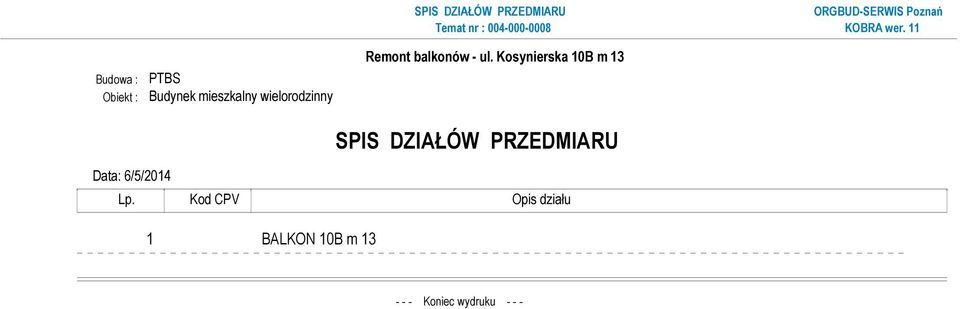Kosynierska 10B m 13 SPIS DZIAŁÓW PRZEDMIARU Data: 6/5/2014
