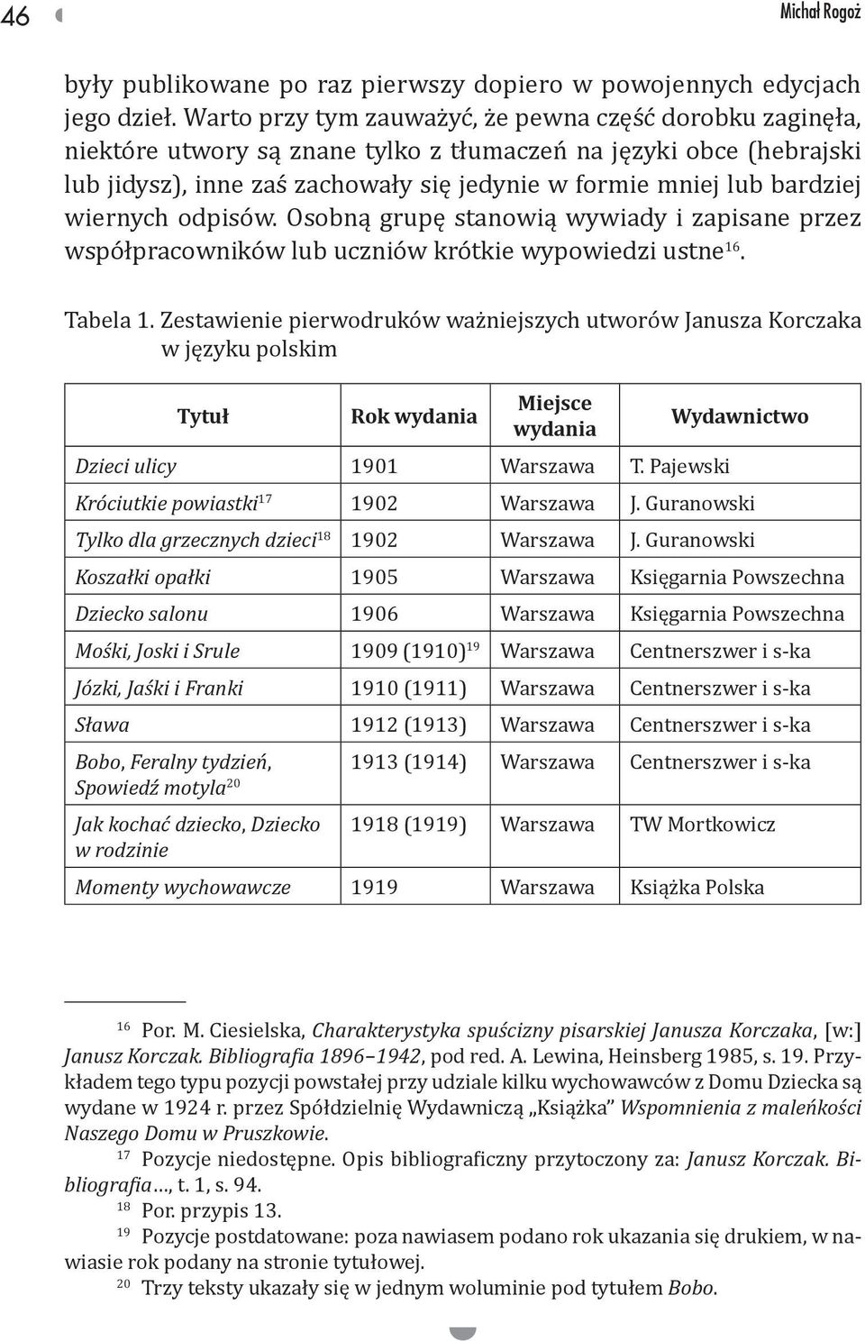 wiernych odpisów. Osobną grupę stanowią wywiady i zapisane przez współpracowników lub uczniów krótkie wypowiedzi ustne 16. Tabela 1.