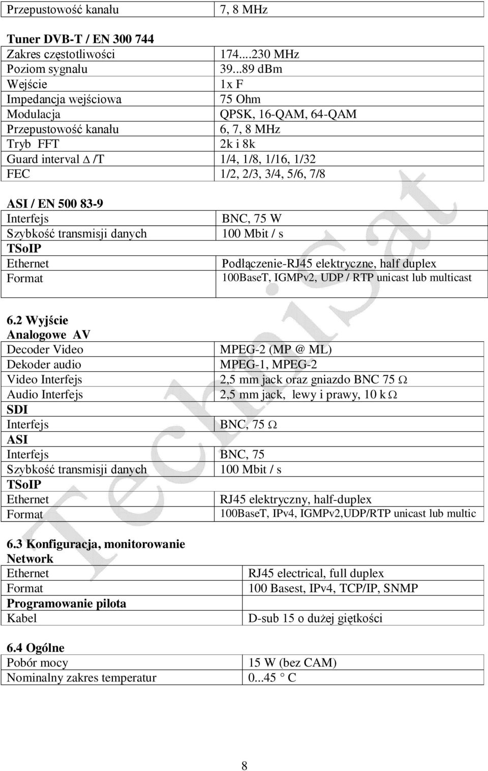 ASI / EN 500 83-9 Interfejs Szybkość transmisji danych TSoIP Ethernet Format BNC, 75 W 100 Mbit / s Podłączenie-RJ45 elektryczne, half duplex 100BaseT, IGMPv2, UDP / RTP unicast lub multicast 6.