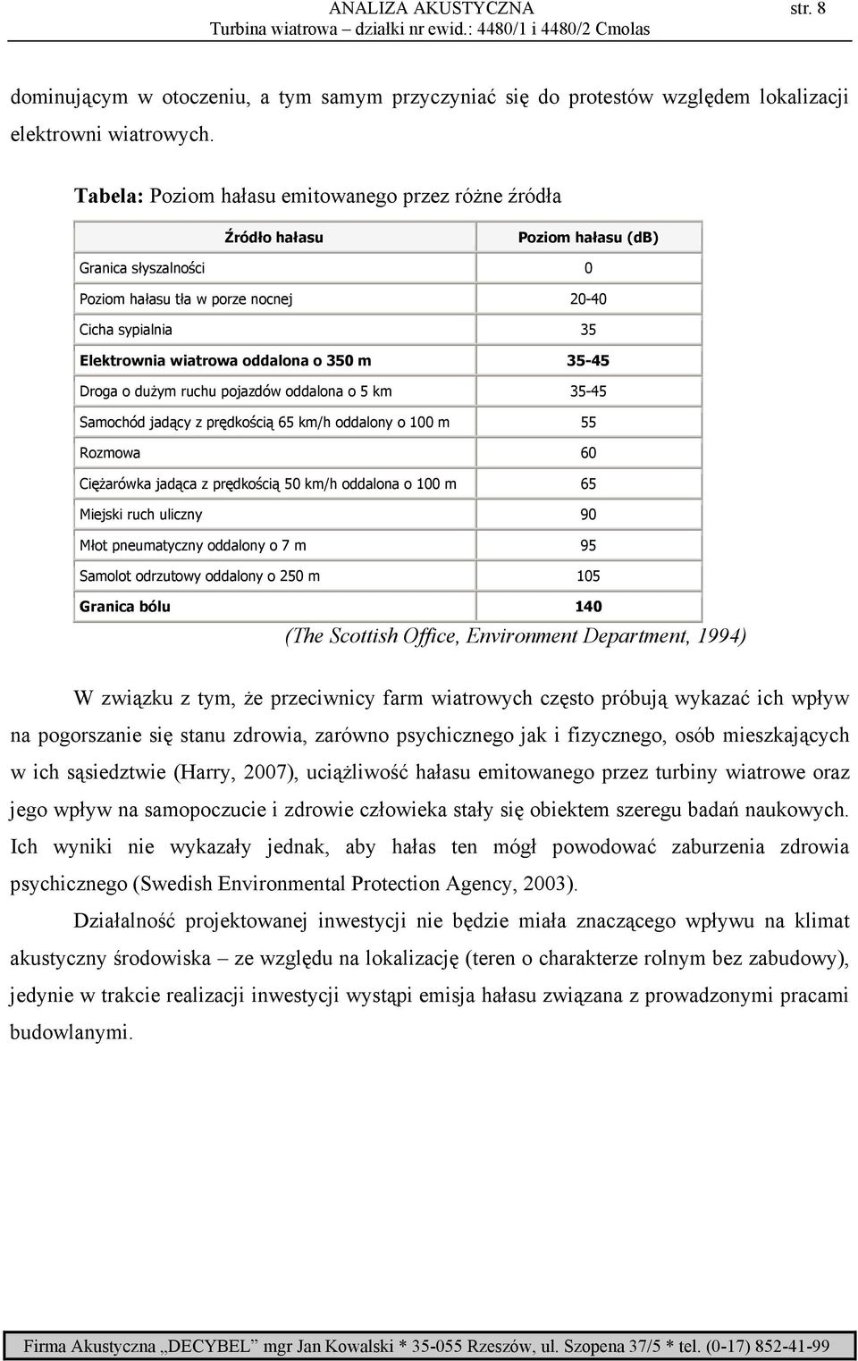 350 m 35-45 Droga o duŝym ruchu pojazdów oddalona o 5 km 35-45 Samochód jadący z prędkością 65 km/h oddalony o 100 m 55 Rozmowa 60 CięŜarówka jadąca z prędkością 50 km/h oddalona o 100 m 65 Miejski