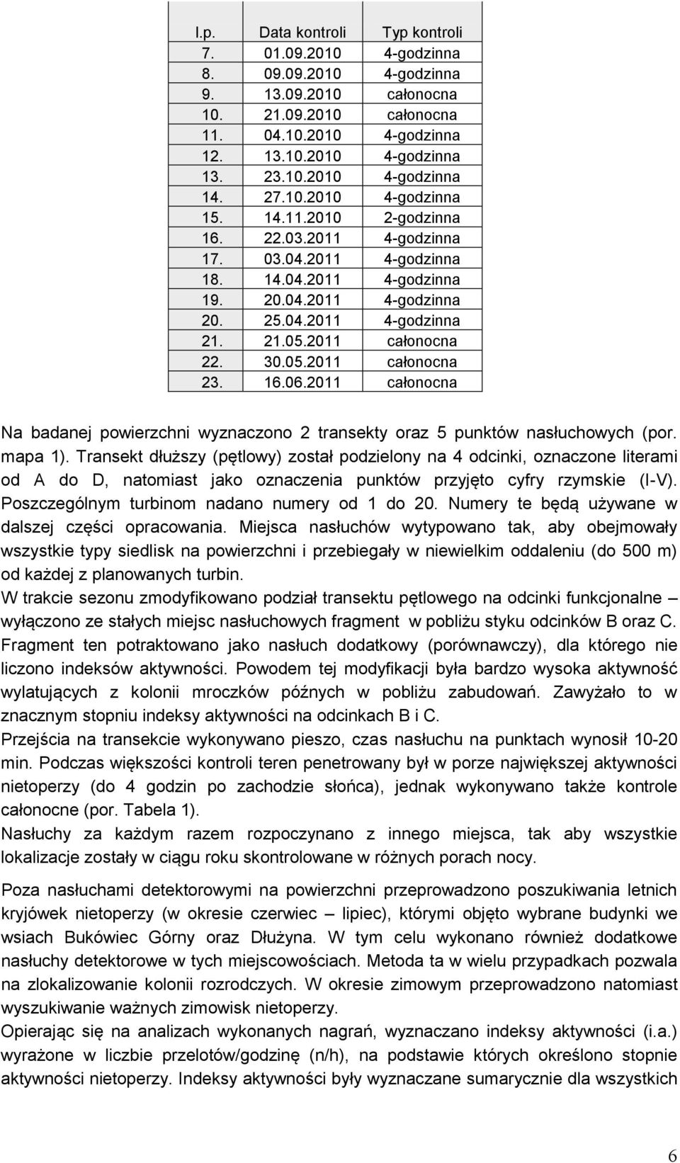 2011 całonocna 22. 30.05.2011 całonocna 23. 16.06.2011 całonocna Na badanej powierzchni wyznaczono 2 transekty oraz 5 punktów nasłuchowych (por. mapa 1).