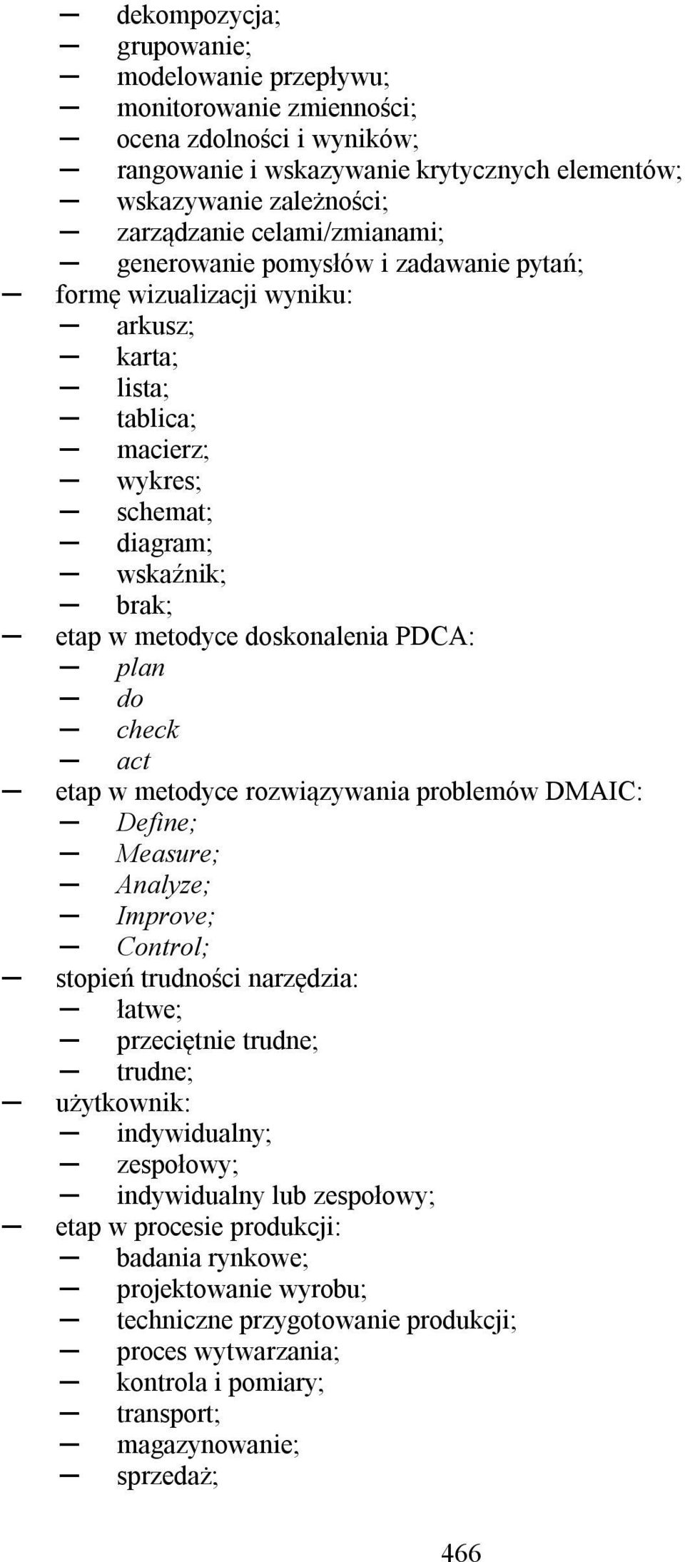 PDCA: plan do check act etap w metodyce rozwiązywania problemów DMAIC: Define; Measure; Analyze; Improve; Control; stopień trudności narzędzia: łatwe; przeciętnie trudne; trudne; użytkownik: