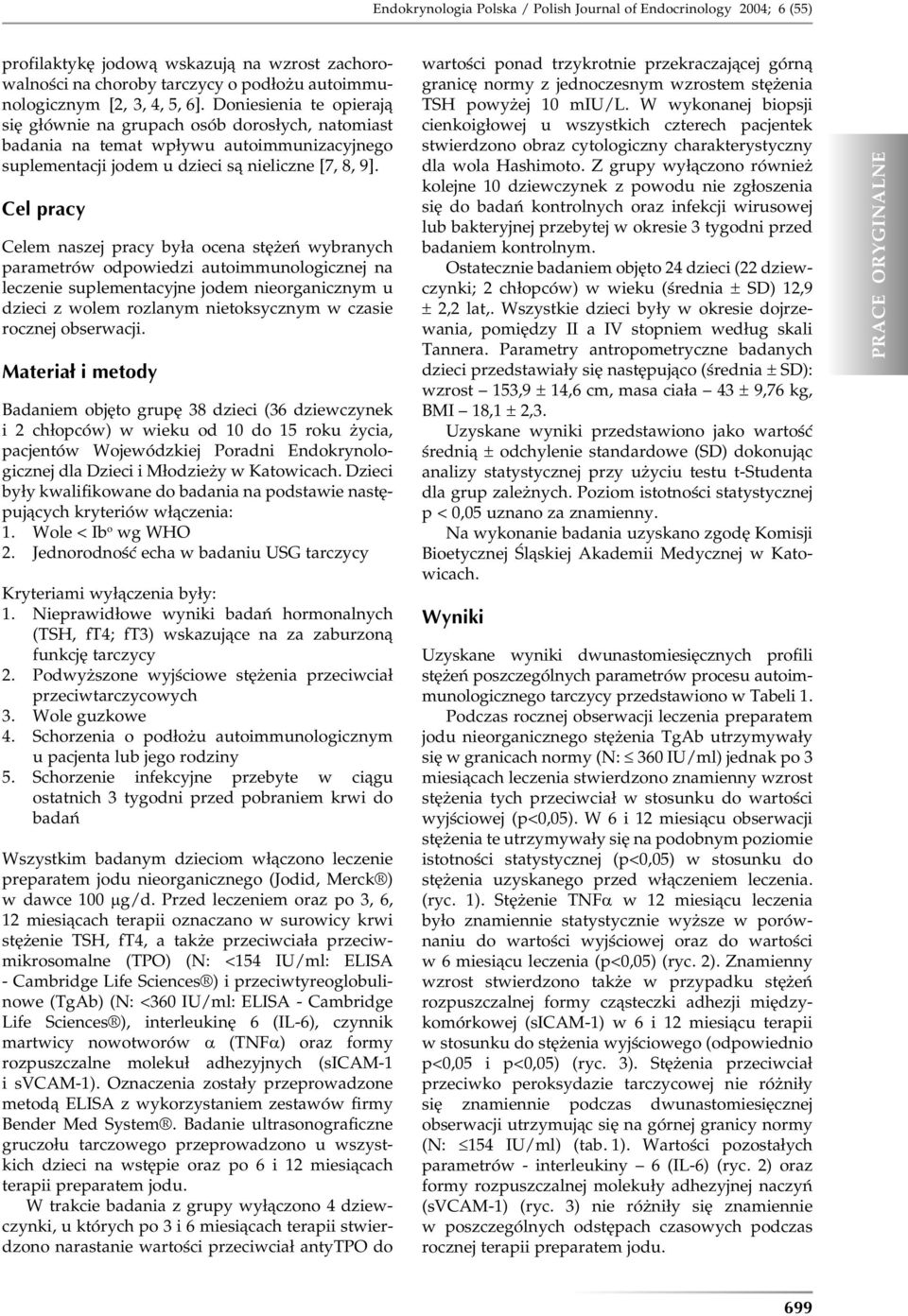 Cel pracy Celem naszej pracy była ocena stężeń wybranych parametrów odpowiedzi autoimmunologicznej na leczenie suplementacyjne jodem nieorganicznym u dzieci z wolem rozlanym nietoksycznym w czasie