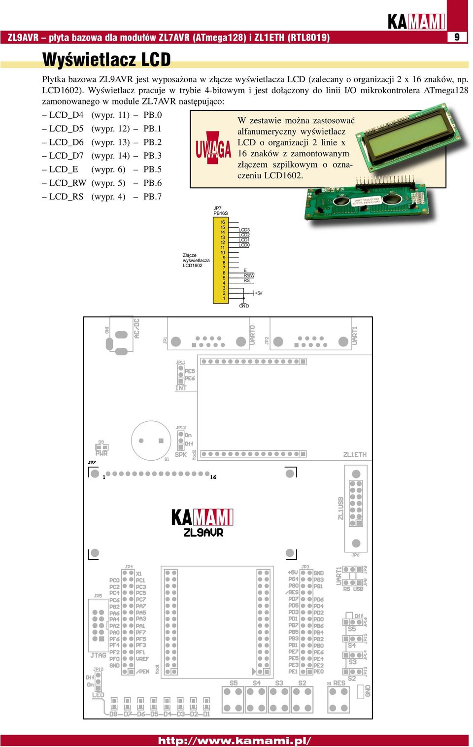 Wyświetlacz pracuje w trybie 4-bitowym i jest dołączony do linii I/O mikrokontrolera ATmega128 zamonowanego w module ZL7AVR następująco: LCD_D4 (wypr. 11) PB.