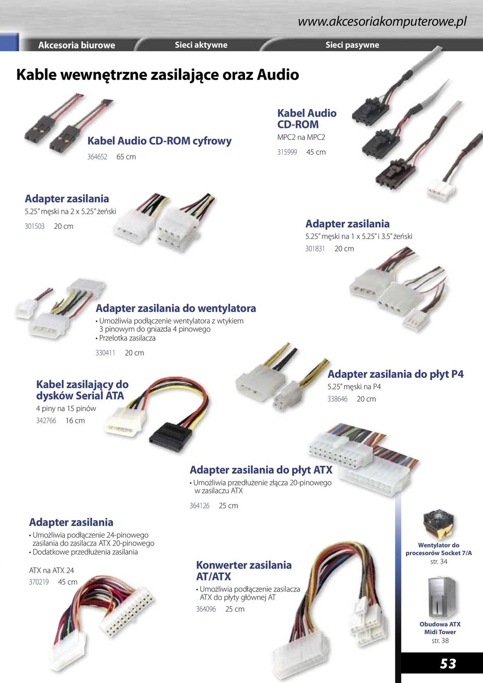 5 żeński 301831 20 cm Adapter zasilania do wentylatora Umożliwia podłączenie wentylatora z wtykiem 3 pinowym do gniazda 4 pinowego Przelotka zasilacza 330411 20 cm Kabel zasilający do dysków Serial