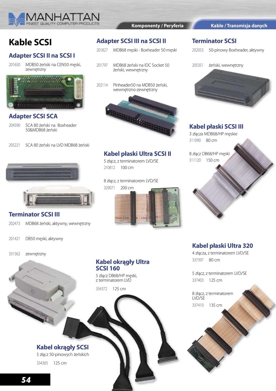 6,95 205351 żeński, wewnętrzny Ä 14,00 Adapter SCSI SCA 204590 SCA 80 żeński na Boxheader 50&MDB68 żeński Ä 15,95 205221 SCA 80 żeński na LVD MDB68 żeński Ä 15,95 Kabel płaski Ultra SCSI II 5 złącz,