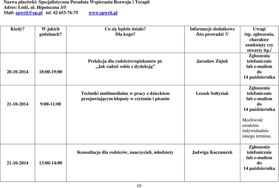 Jak radzić sobie z dysleksją Jarosław Ziętek Zgłoszenia telefonicznie lub e-mailem do 14 października 21-10-2014 9:00-11:00 Techniki multimedialne w pracy z dzieckiem