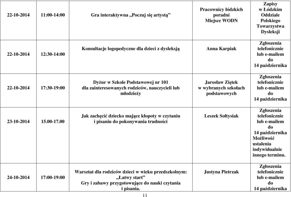 nauczycieli lub młodzieży Jarosław Ziętek w wybranych szkołach podstawowych Zgłoszenia telefonicznie lub e-mailem do 14 października 23-10-2014 15.00-17.