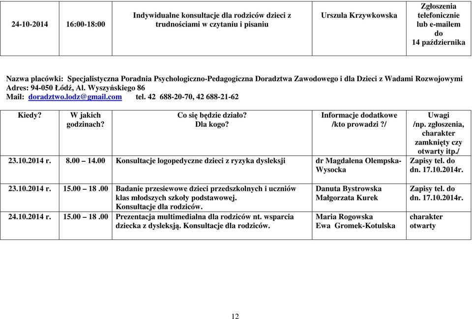 42 688-20-70, 42 688-21-62 23.10.2014 r. 8.00 14.00 Konsultacje logopedyczne dzieci z ryzyka dysleksji dr Magdalena Olempska- Wysocka Zapisy tel. do dn. 17.10.2014r. 23.10.2014 r. 15.00 18.