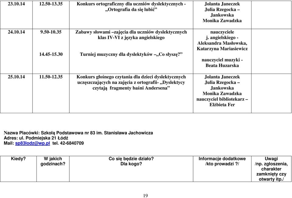 angielskiego - Aleksandra Masłowska, Katarzyna Mariasiewicz nauczyciel muzyki - Beata Huzarska 25.10.14 11.50-12.