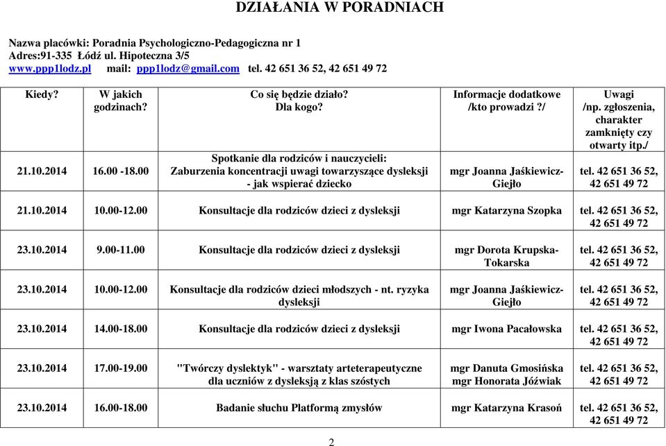 2014 10.00-12.00 Konsultacje dla rodziców dzieci z dysleksji mgr Katarzyna Szopka tel. 42 651 36 52, 42 651 49 72 23.10.2014 9.00-11.