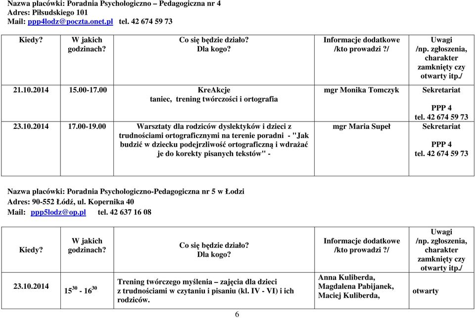 00 Warsztaty dla rodziców dyslektyków i dzieci z trudnościami ortograficznymi na terenie poradni - "Jak budzić w dziecku podejrzliwość ortograficzną i wdrażać je do korekty pisanych tekstów" - mgr