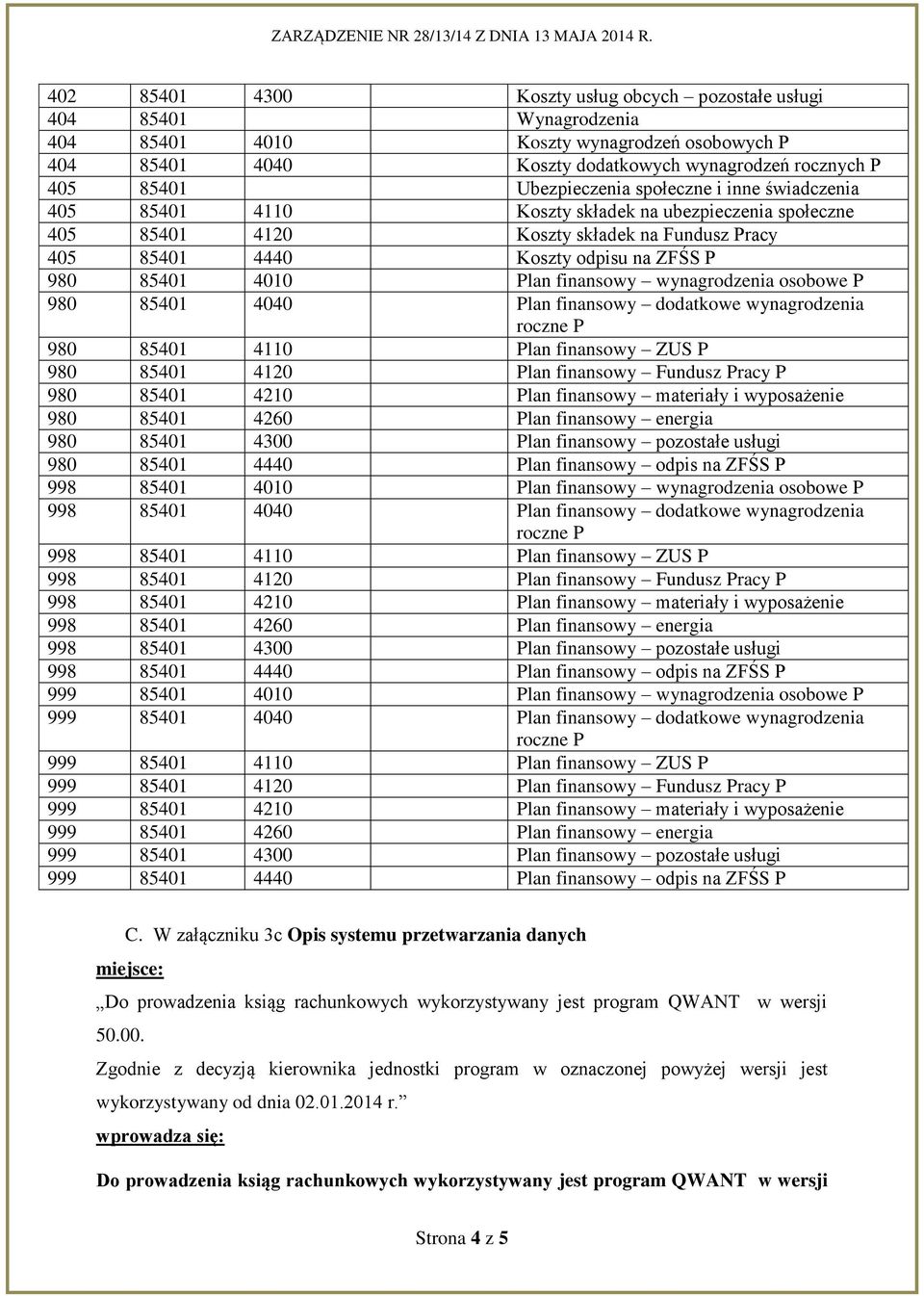 4010 Plan finansowy wynagrodzenia osobowe P 980 85401 4040 Plan finansowy dodatkowe wynagrodzenia 980 85401 4110 Plan finansowy ZUS P 980 85401 4120 Plan finansowy Fundusz Pracy P 980 85401 4210 Plan