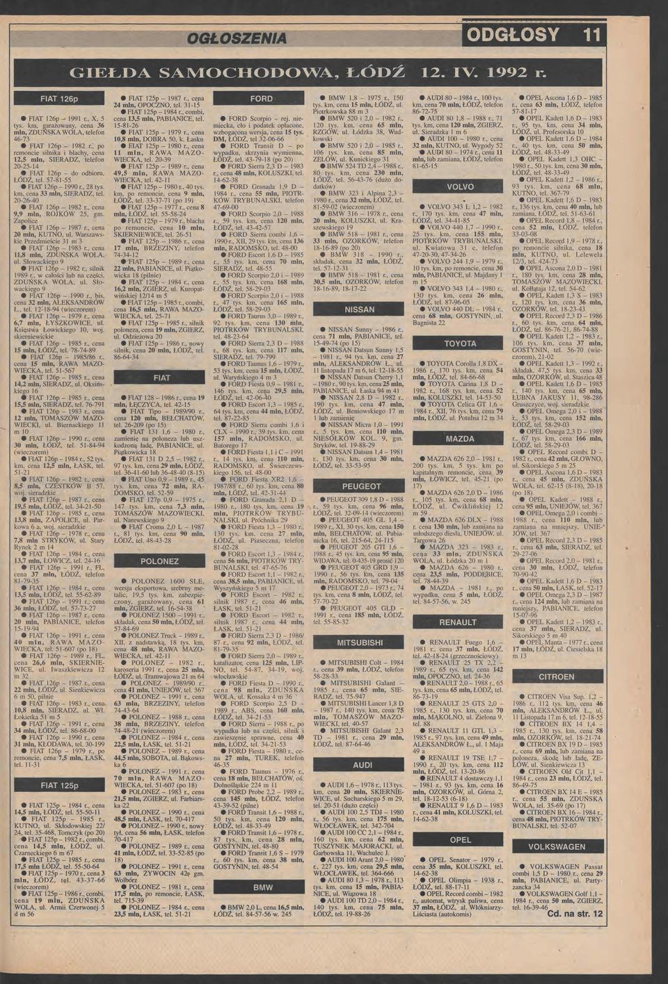 mln, KUTNO, ul Warszawski Przdmiści 3 J m 3 FIAT 126p 1983 r, cna 11,8 mln, ZDUŃSKA WOLA, ul Słowackigo 9 FIAT I 26p 1982 r, silnik 1989 r, w całości lub na części, ZDUŃSKA WOLA, ul Sło wackigo 9