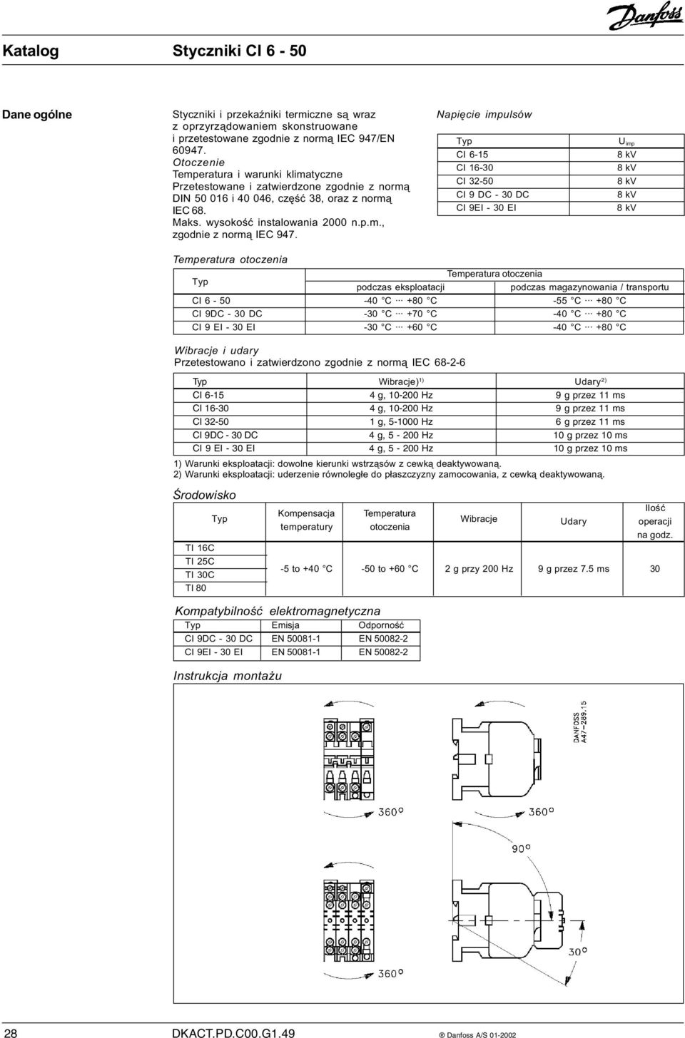 Napięcie impulsów CI 6-15 CI 16-30 CI 32-50 CI 9 DC - 30 DC CI 9EI - 30 EI U imp 8 kv 8 kv 8 kv 8 kv 8 kv Temperatura otoczenia Temperatura otoczenia podczas eksploatacji podczas magazynowania /